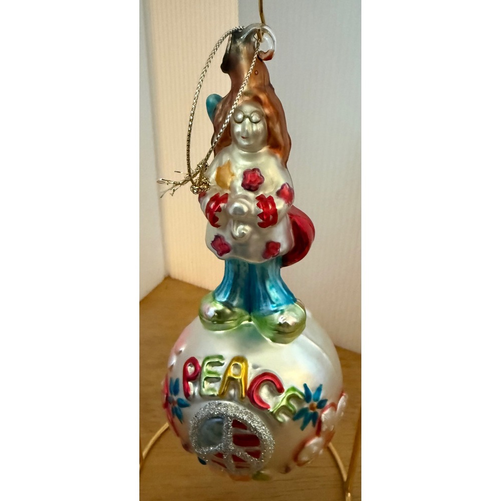 Christmas Holiday Glass Ornament Silver Peace Hippie Girl Retro Guitar Flowers